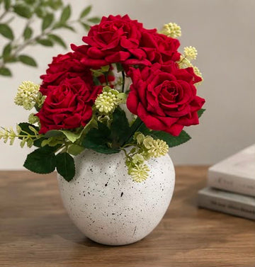 Premium Artificial Red Rose Bouquet with Ceramic Speckled Vase