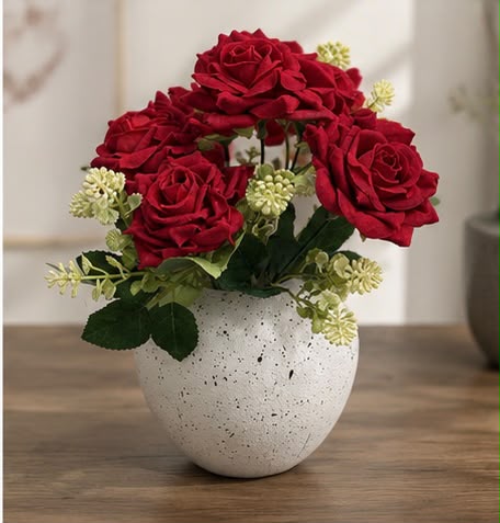 Premium Artificial Red Rose Bouquet with Ceramic Speckled Vase