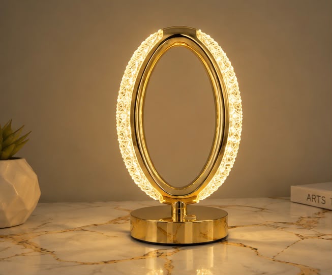 Luxury Golden Oval Crystal LED Table Lamp – Modern Decorative Night Light