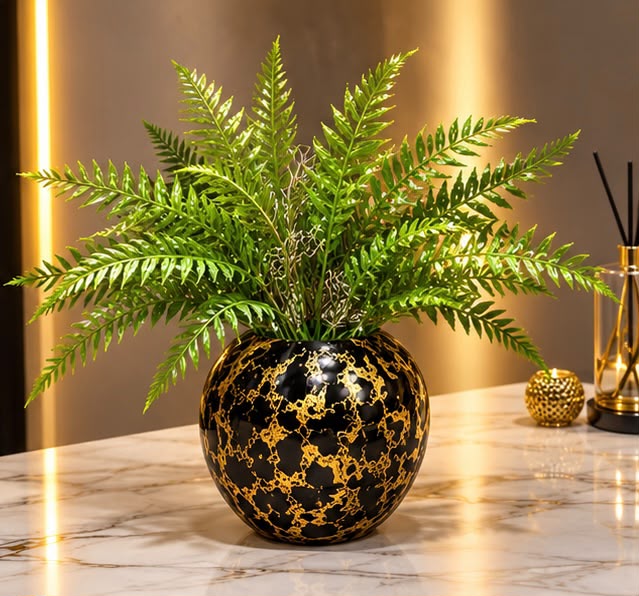 Luxury Artificial Fern Plant with Black & Gold Decorative Vase