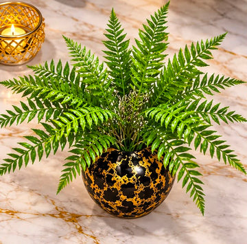 Luxury Artificial Fern Plant with Black & Gold Decorative Vase