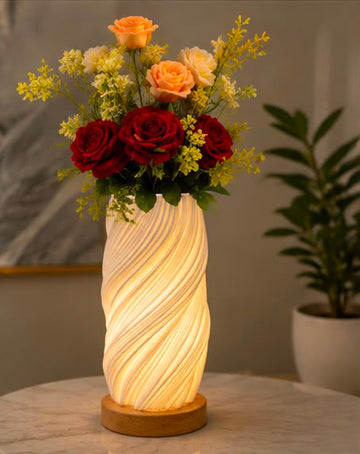 Luxury Spiral Wave Textured Decorative Vase with Wooden Base