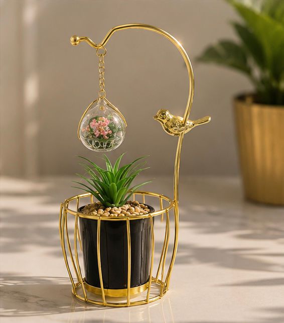 Luxury Golden Bird Artificial Plant Showpiece – Modern Table Decor for Home & Office