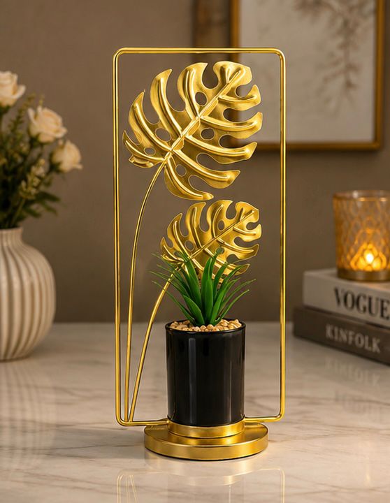 Luxury Golden Monstera Leaf Planter Showpiece – Modern Metal Table Decor for Home & Office