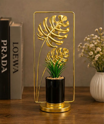 Luxury Golden Monstera Leaf Planter Showpiece – Modern Metal Table Decor for Home & Office