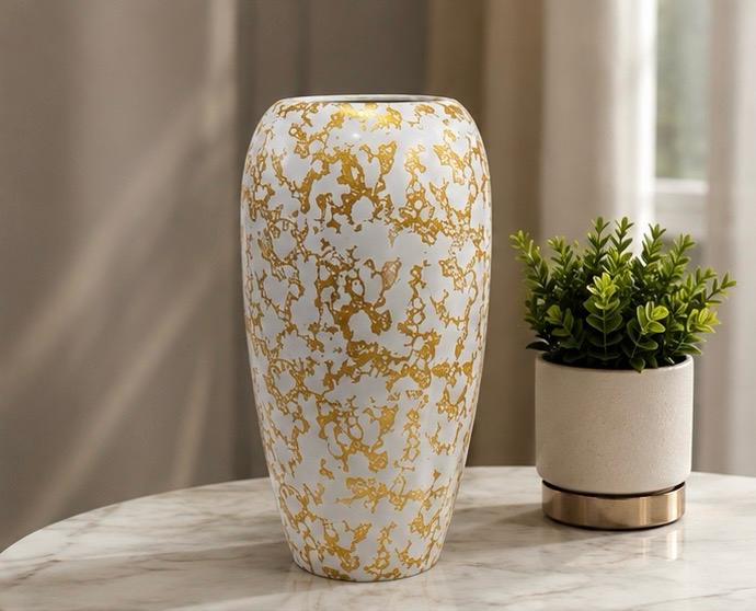 ✨ Luxury Marble Effect Decorative Vase – White & Gold ✨