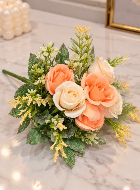Luxury Artificial Rose Flower Bouquet – Peach & Cream Silk Roses for Home & Event Decoration