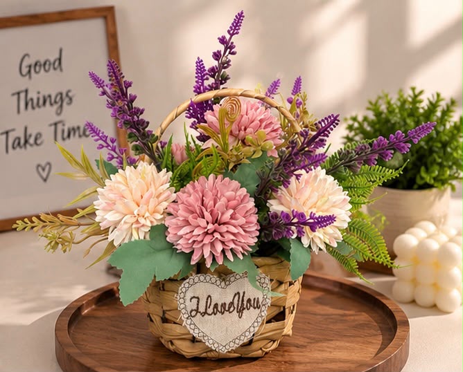 Luxury Artificial Flower Basket Arrangement – Elegant Home & Office Table Decor
