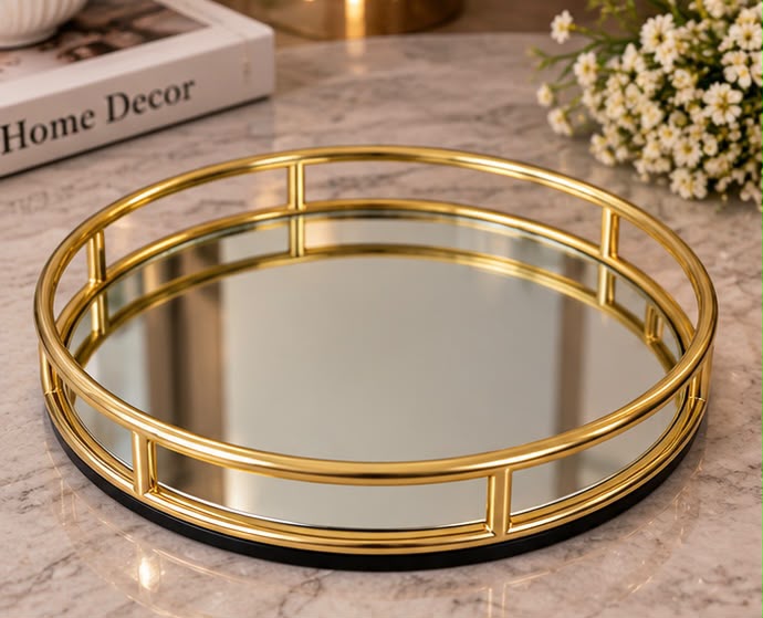 Luxury Gold Mirrored Decorative Tray – Round Metal Vanity & Coffee Table Organizer