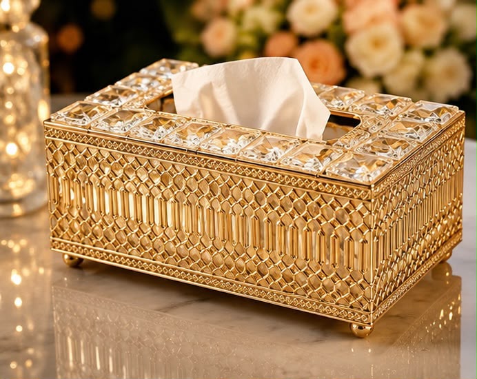 Luxury Golden Decorative Tissue Box Holder – Premium Tabletop Décor