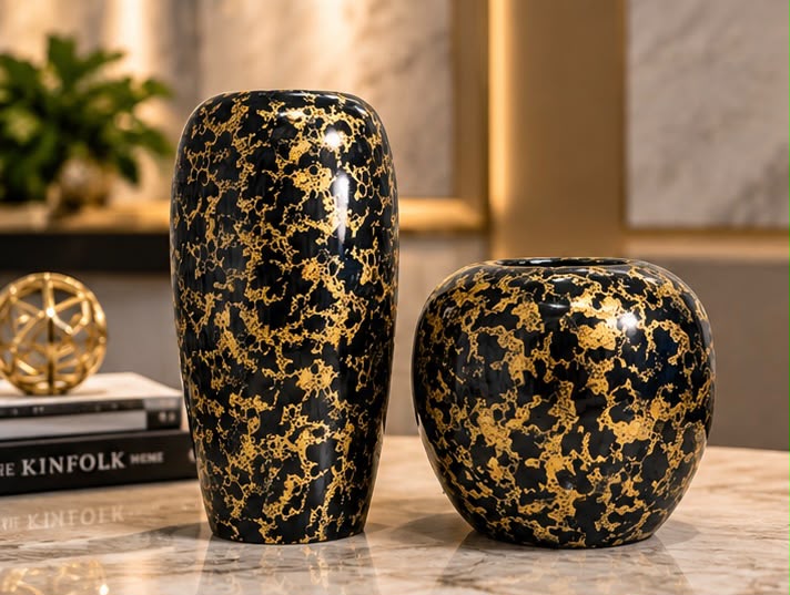 Black & Gold Marble Look Decorative Vase Set (Plastic)