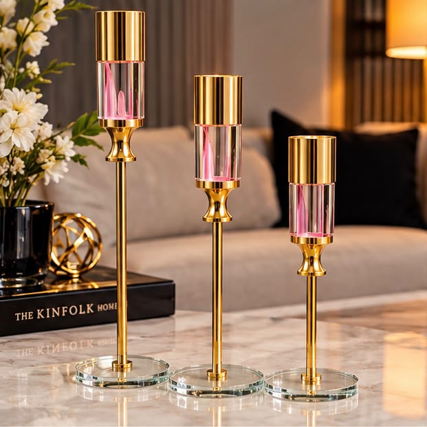 Luxury Gold Crystal Candle Holder Set – 3 Piece Decorative Centerpiece