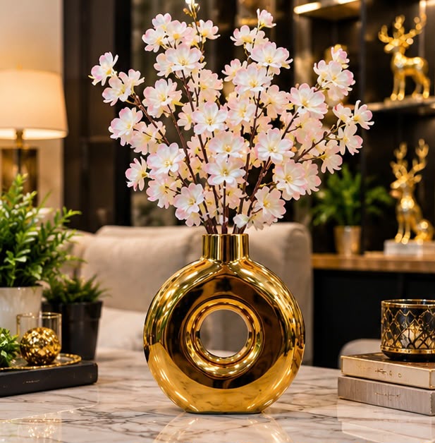 Premium Heavy Weight Ceramic Donut Vase with Artificial Blossom Flowers – Luxury Home Decor