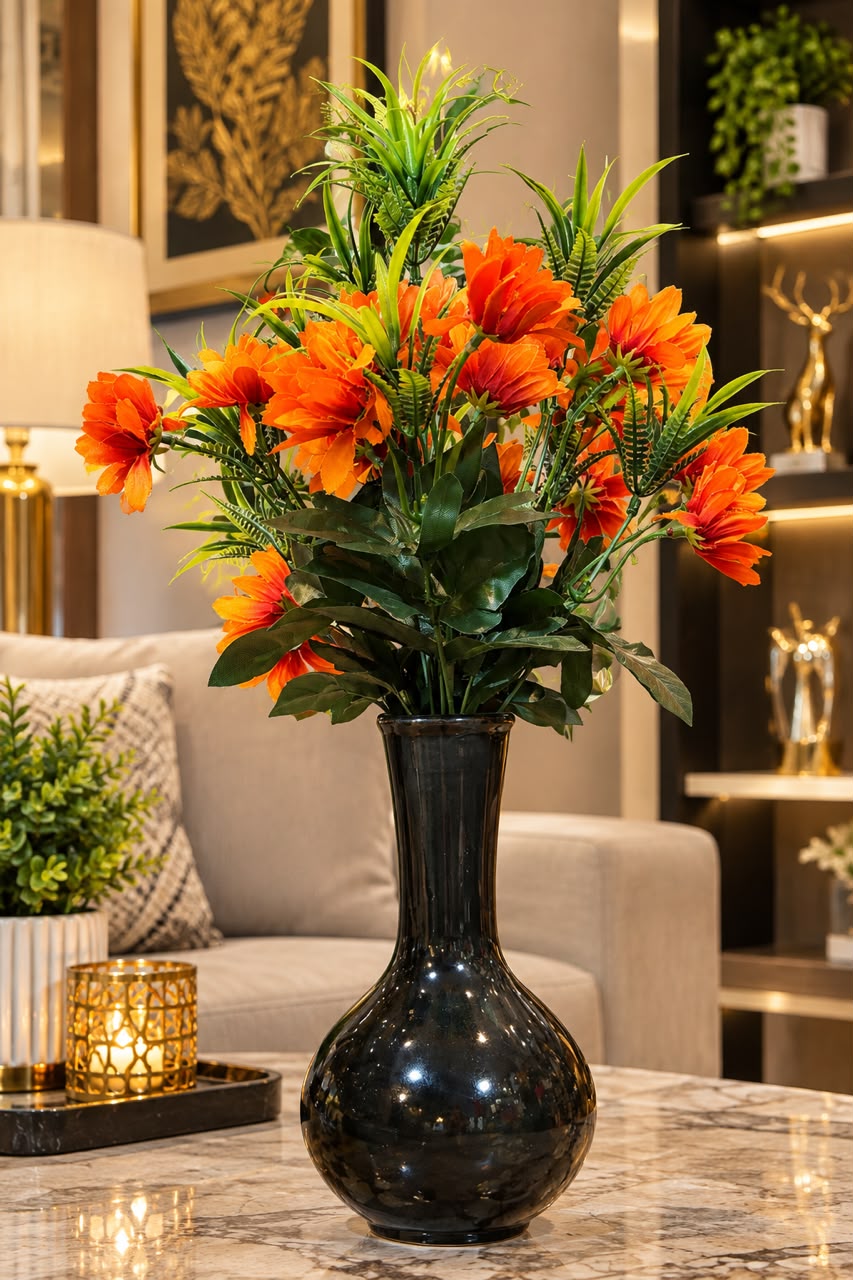 Luxury Golden Ceramic Hollow Vase with Blue Blossom Artificial Flowers