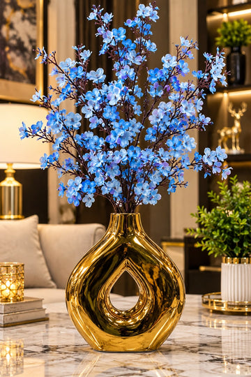 Luxury Golden Ceramic Hollow Vase with Blue Blossom Artificial Flowers