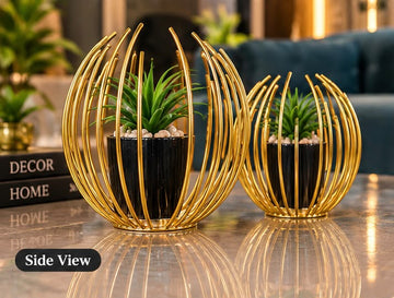 🌿 Golden Metal Cage Artificial Plant Set (2 Pcs)