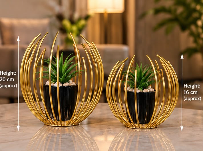 🌿 Golden Metal Cage Artificial Plant Set (2 Pcs)