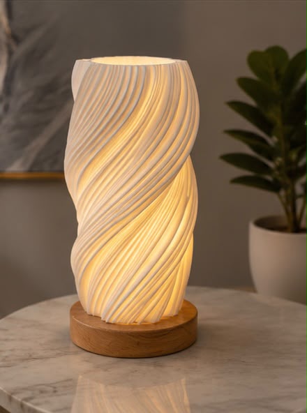 Luxury Spiral Wave Textured Decorative Vase with Wooden Base