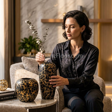 Black & Gold Marble Look Decorative Vase Set (Plastic)